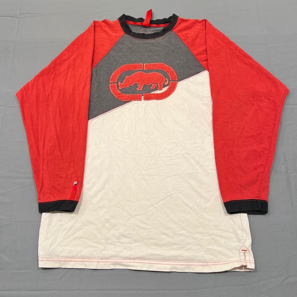 Ecko Unltd Mens Shirt M Long Sleeve Red Grey White Raglan Rhino Logo Y2K 72